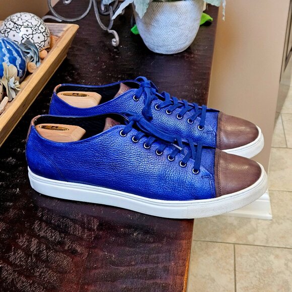Studio Belvedere Men's Soft Leather Cap Toe Sneakers, Blue/Gray, Sz 13 - Picture 1 of 16